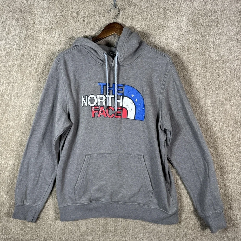 The North Face Hoodie Mens Large‎ Gray Patriotic Logo Pullover Kangaroo Pocket